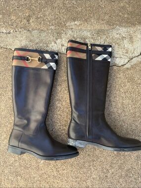 EUC Burberry Black Leather Riding Boots with Signature Check Trim